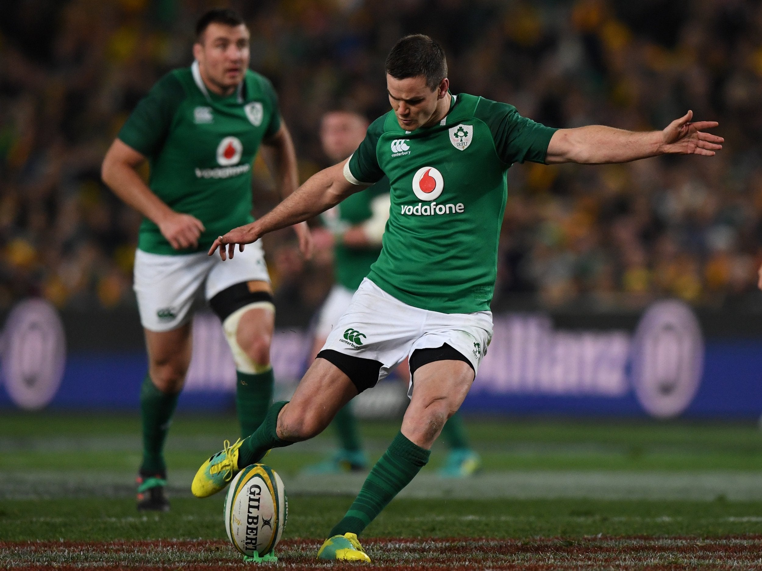 Johnny Sexton kicks a penalty goal during the Third Test against Australia