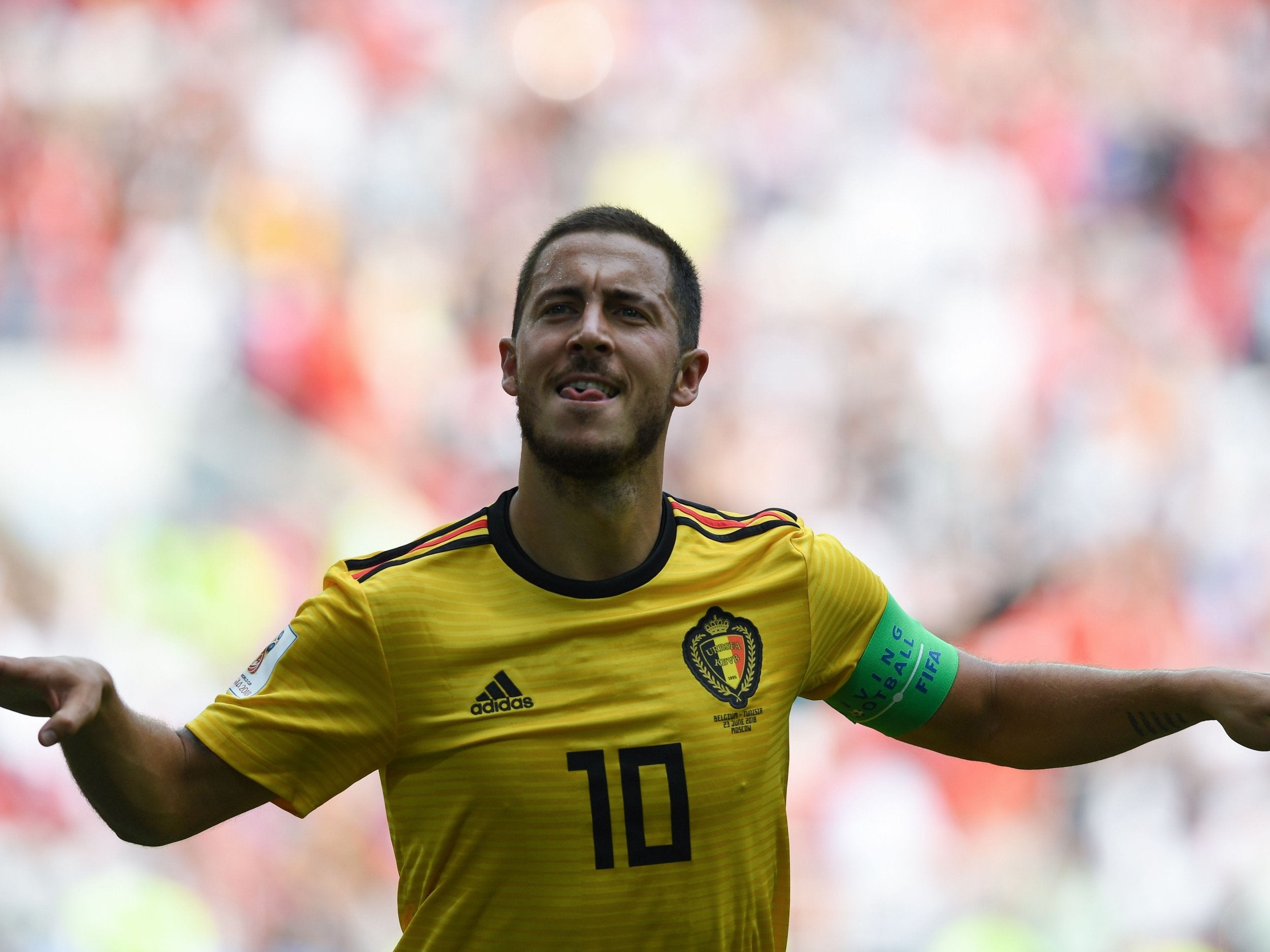 Eden Hazard celebrates his second goal during the victory over Tunisia