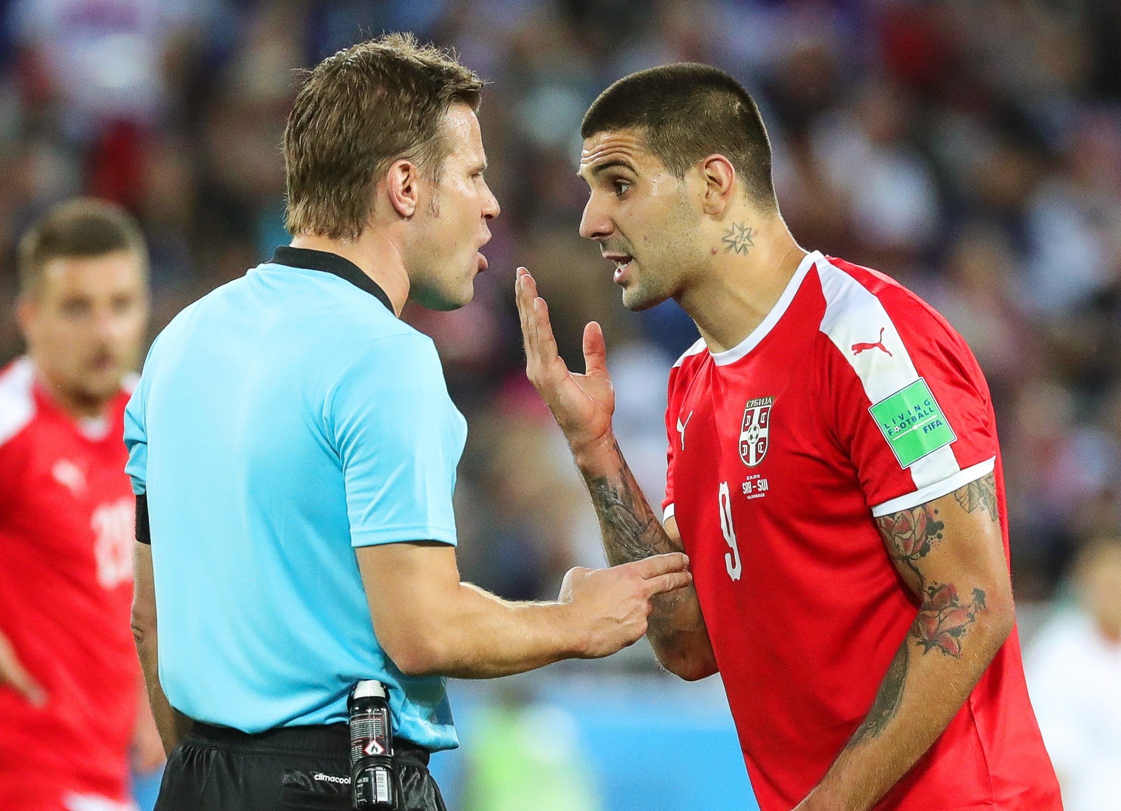 Aleksandar Mitrovic confronts the referee after being brought down in the Switzerland box