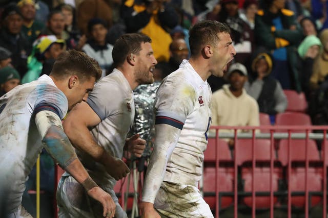 Jonny May celebrates after scoring a try during the third Test against South Africa