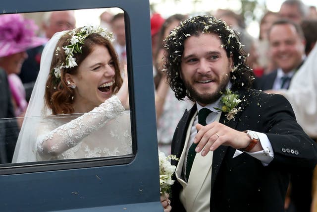Kit Harington and Rose Leslie at Rayne Church, in Aberdeenshire, after their wedding on 23 June