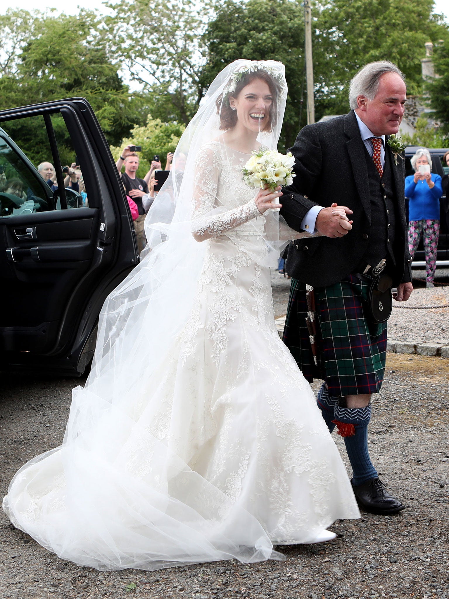 Rose Leslie with her father Sebastian Leslie arrive at Rayne Church, Kirkton of Rayne in Aberdeenshire