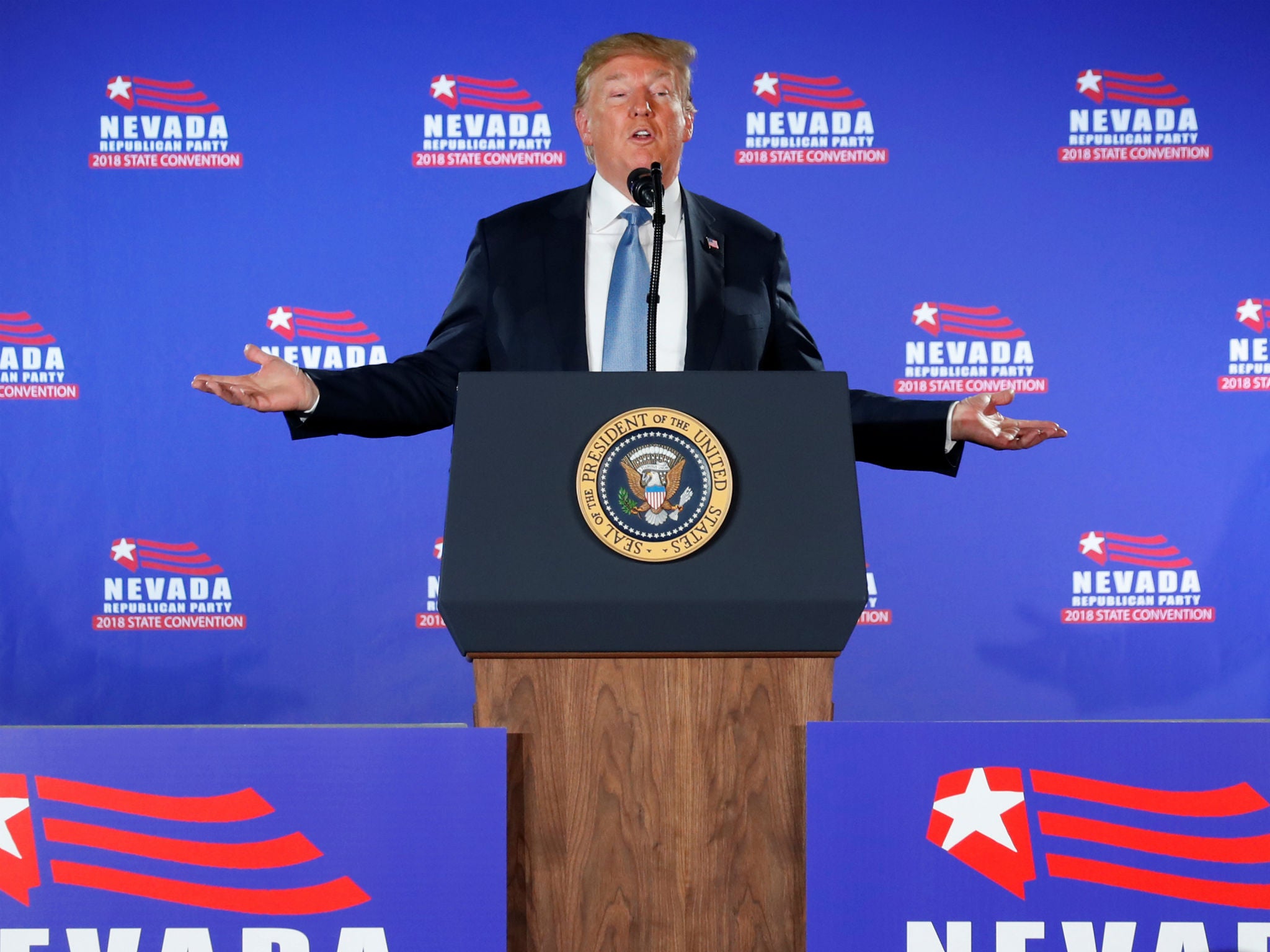 President Donald Trump speaks at the Nevada Republican Party Convention in Las Vegas