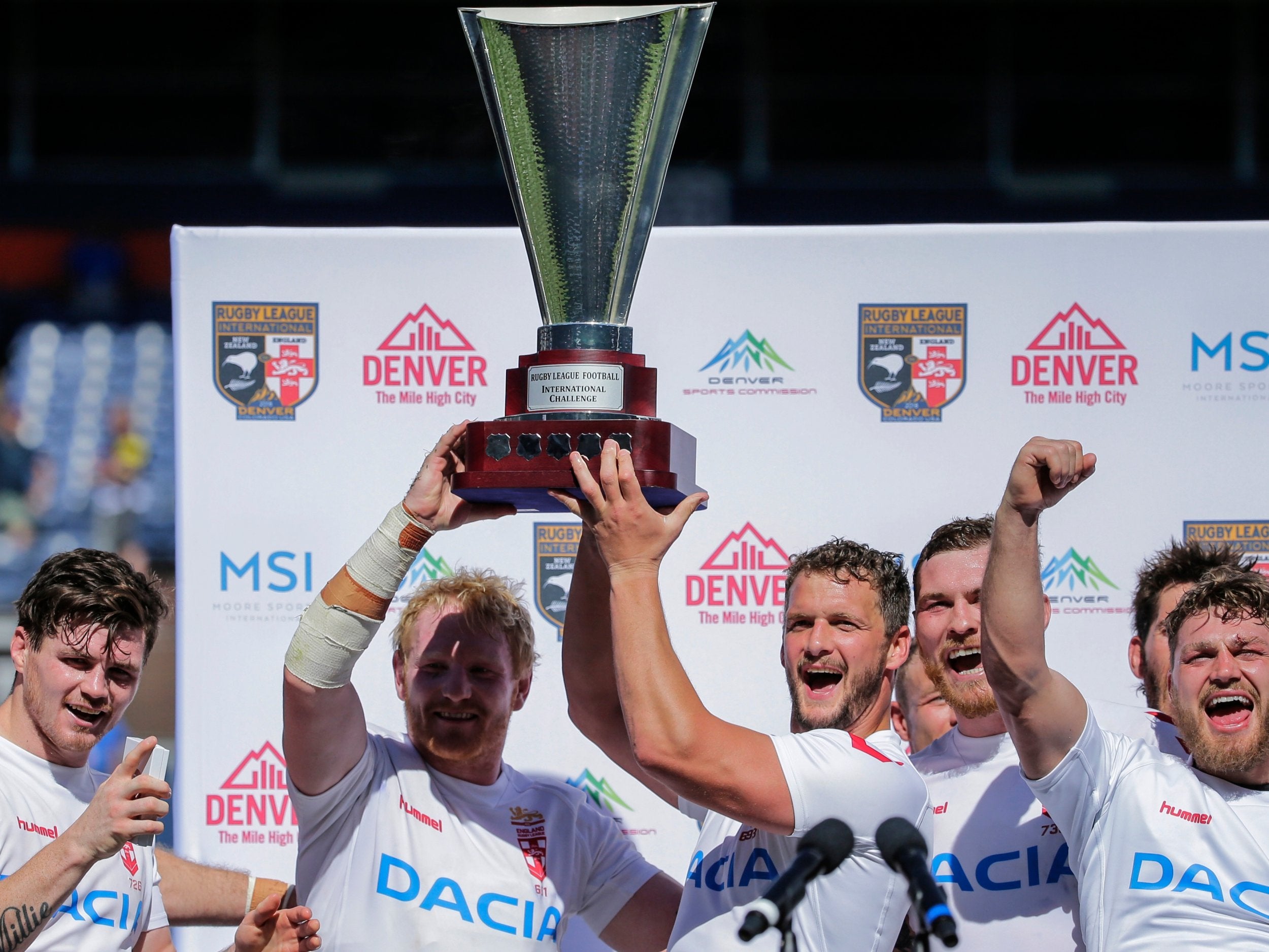 James Graham and Sean O'Loughlin lift the Rugby Football League International Challenge Cup