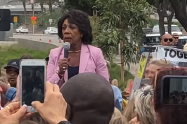 Maxine Waters speaks to a crowd at a rally in Los Angeles