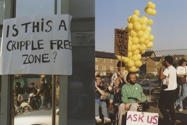 Block Telethon campaigners protest against ITV's telethon, hosted by Michael Aspel, in 1992