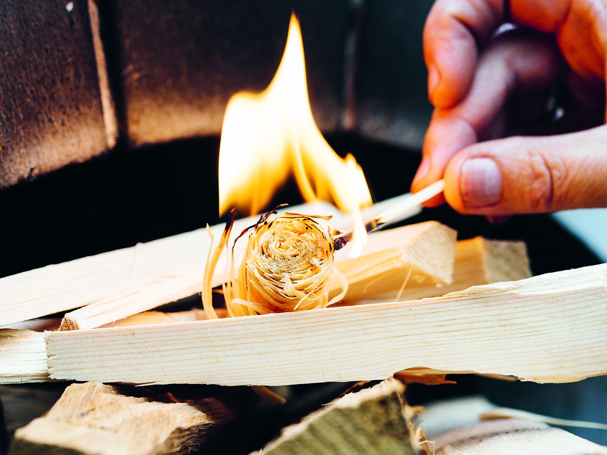 Taylor always start her fire with a neat bundle of wood shavings dipped in wax, as doesn’t give off nasty fumes like regular firelighters (Jason Ingram)