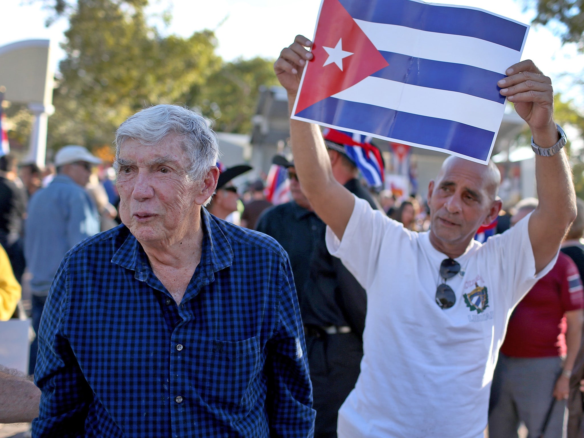 Carriles (left) in 2014 at a Miami protest against the Obama administration’s warming of relations with Cuba