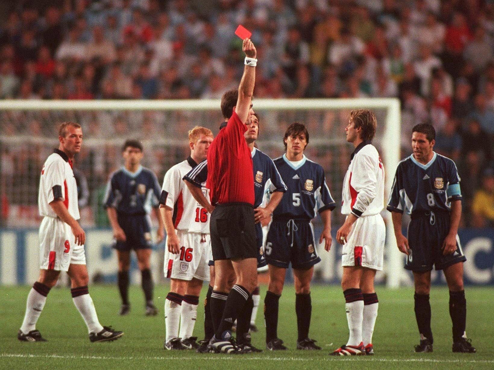 David Beckham being sent off against Argentina in 1998