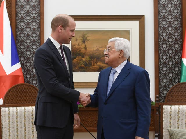 ‘I’m very glad our two countries work so closely together and have had success stories,’ the Duke of Cambridge tells Palestinian president Mahmoud Abbas, in Ramallah