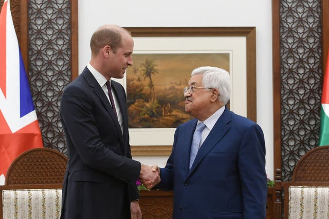‘I’m very glad our two countries work so closely together and have had success stories,’ the Duke of Cambridge tells Palestinian president Mahmoud Abbas, in Ramallah
