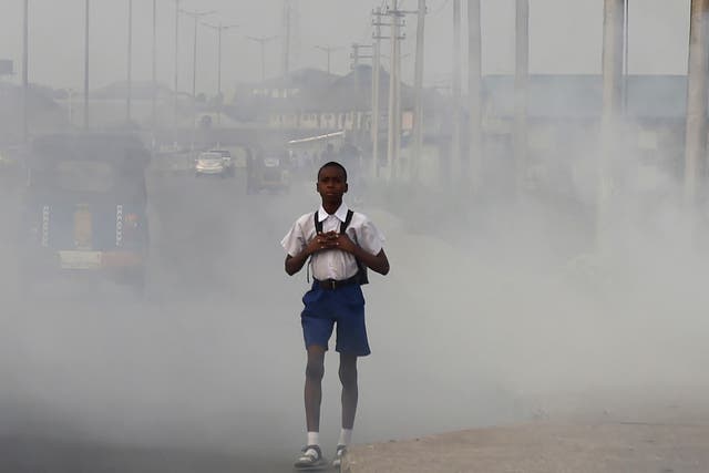 A schoolboy walks through smoke and fumes emitted from a dump in the Nigerian city of Port Harcourt
