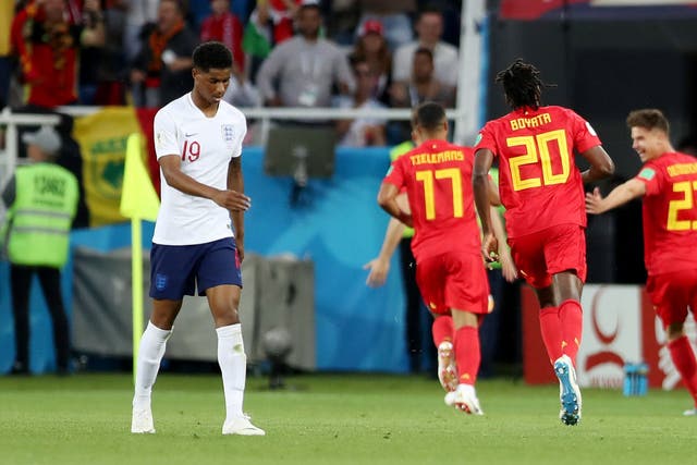 England's Marcus Rashford looks dejected after Belgium's Adnan Januzaj goal