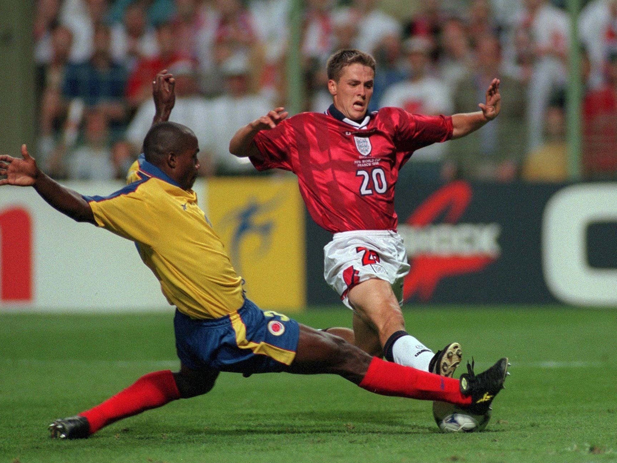 Michael Owen in action against Colombia during the 1998 meeting