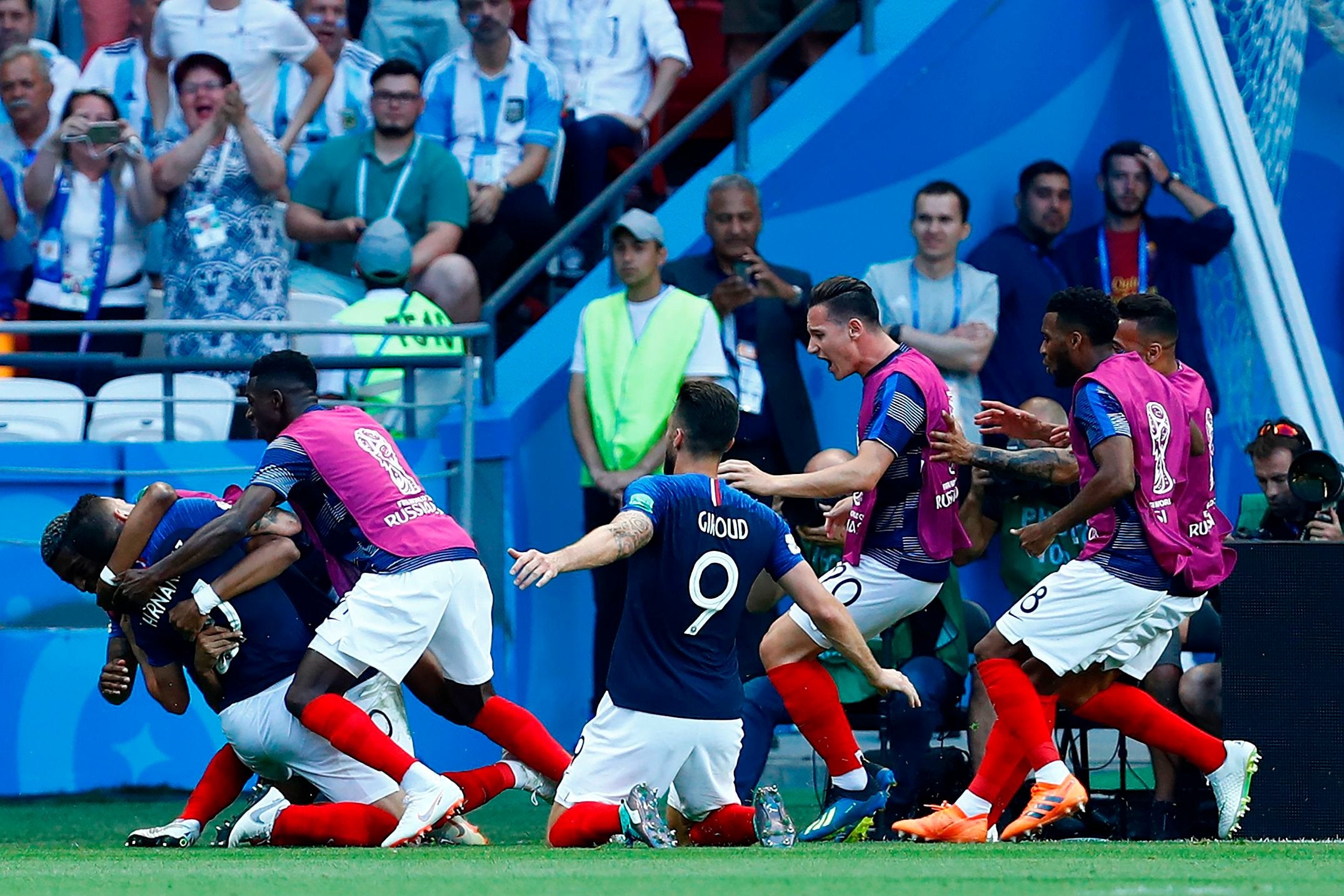 France's players celebrate their third goal