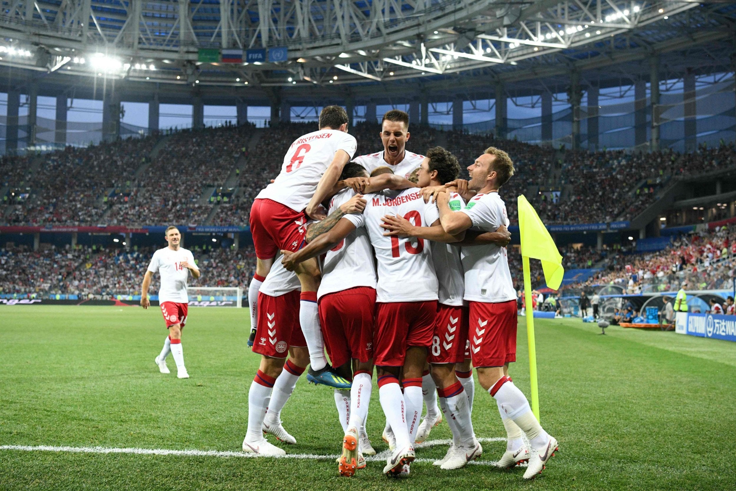 Denmark celebrate opening the scoring