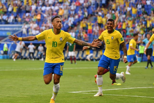 Neymar Jr of Brazil celebrates after scoring his team's first goal