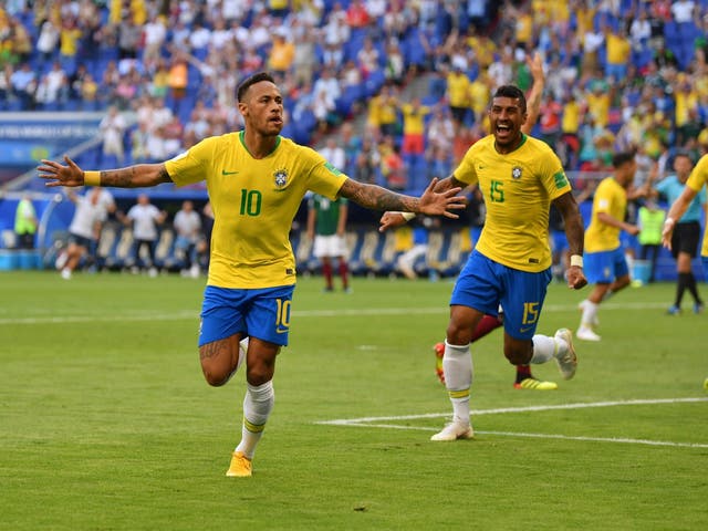 Neymar Jr of Brazil celebrates after scoring his team's first goal