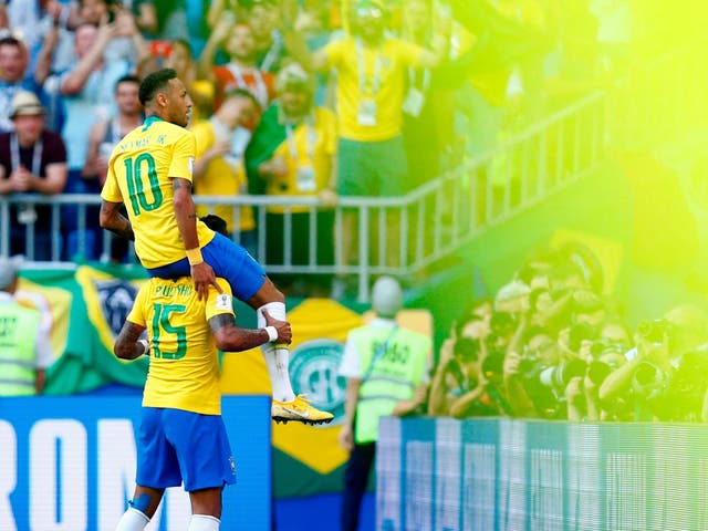 Brazil's forward Neymar celebrates a goal