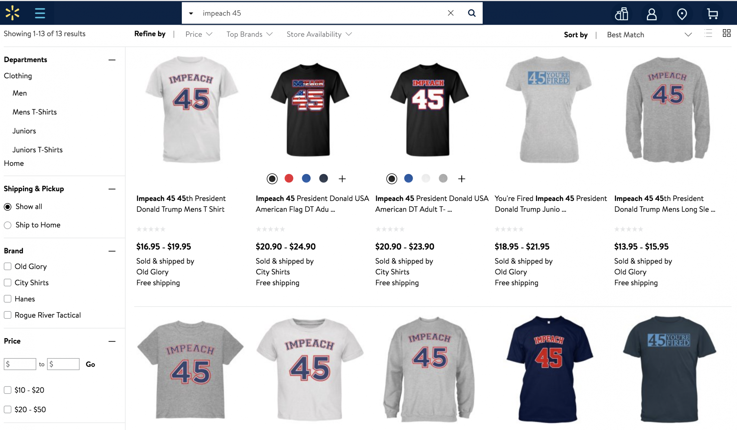 Customers are outraged over 'Impeach 45' shirts sold on Walmart's website (Stock)
