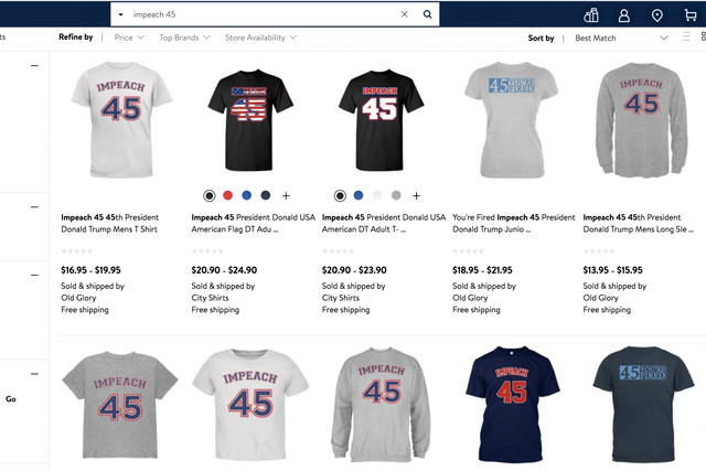 Customers are outraged over 'Impeach 45' shirts sold on Walmart's website (Stock)