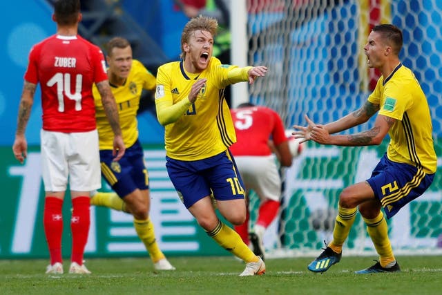 Sweden's Emil Forsberg celebrates scoring their first goal