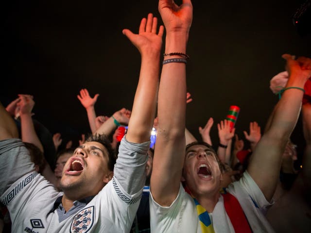 England fans in a Moscow fan zone celebrate Tuesday’s round of 16 victory over Colombia