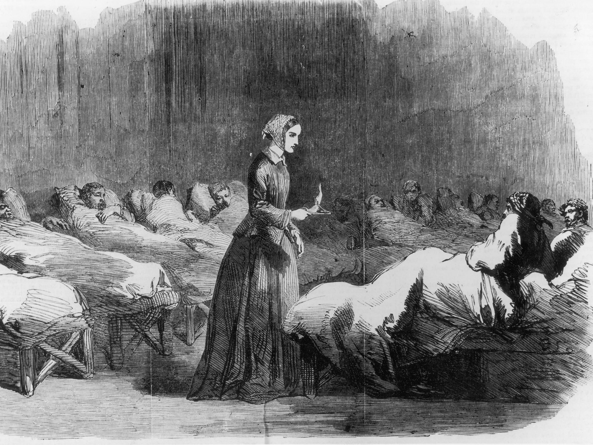 Florence Nightingale makes her rounds in the Barrack hospital at Scutari during the Crimean War in 1855