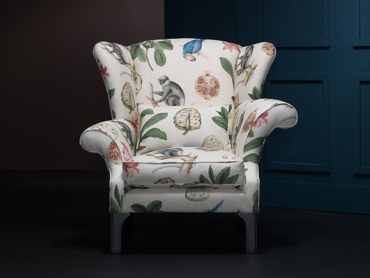 Daydreamer chair in Sanderson Capuchins Chintz studio complete with delicate botanical etchings, Sofa Workshop