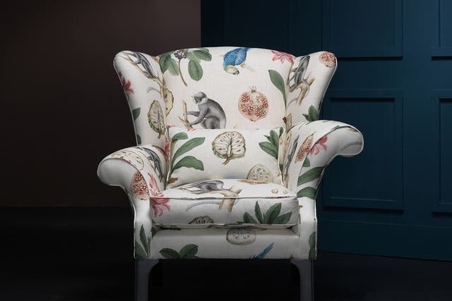 Daydreamer chair in Sanderson Capuchins Chintz studio complete with delicate botanical etchings, Sofa Workshop