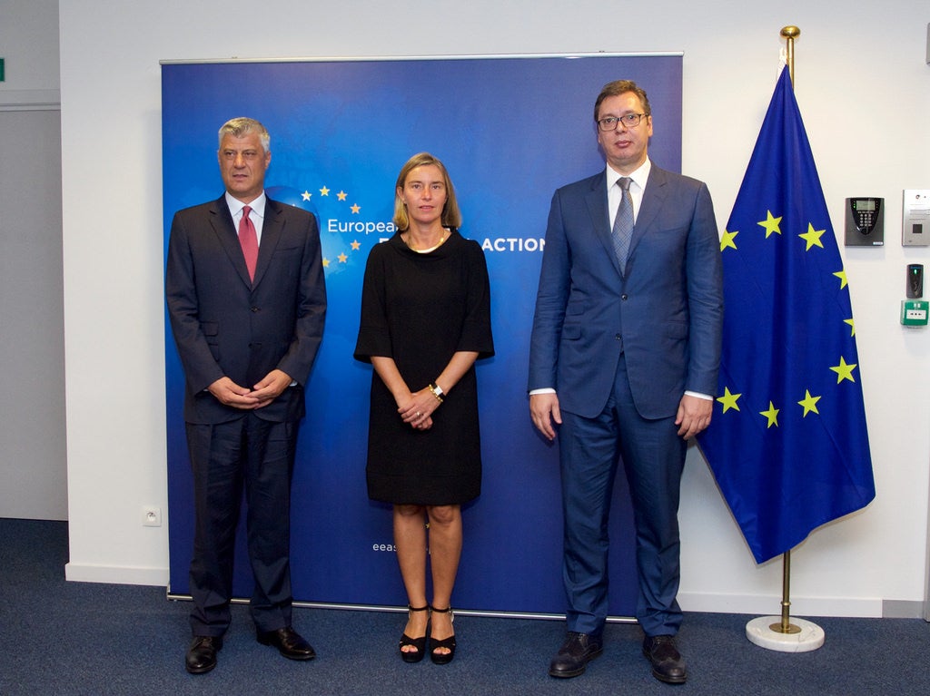 Aleksandar Vucic (right), president of Serbia, met with Hashim Thaci, president of Kosovo, and EU foreign affairs representative Federica Mogherini