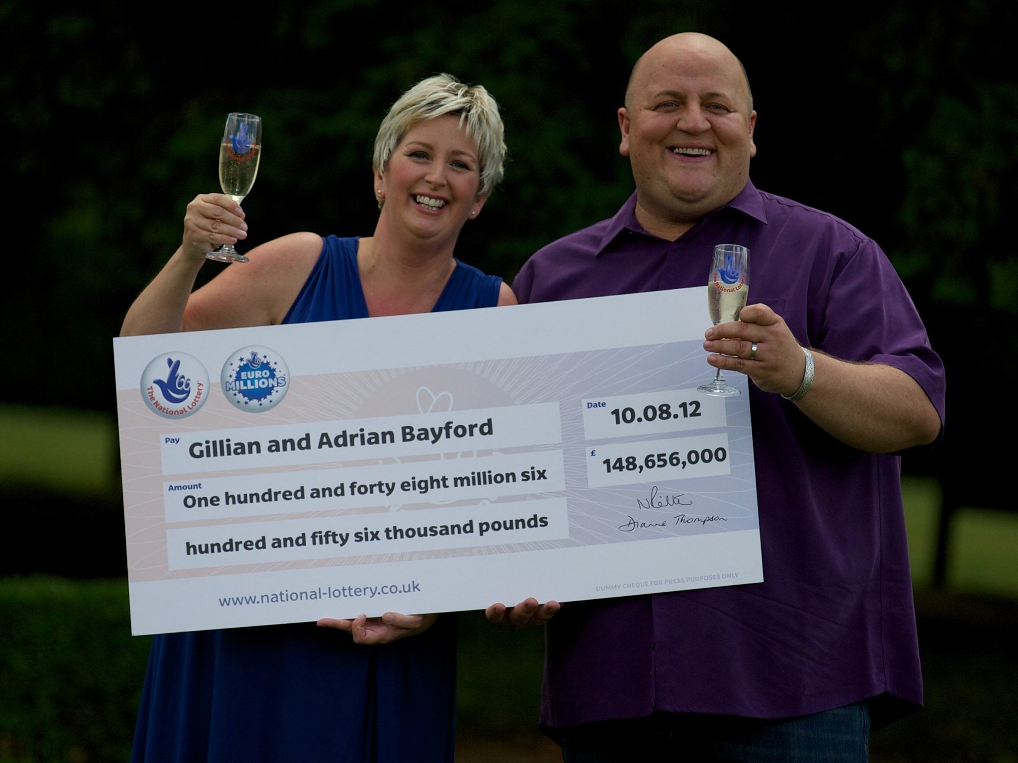 Adrian and Gillian Bayford of Essex won a record €190m on EuroMillions in 2012: they said they intended to keep working in their music shop (AFP/Getty )