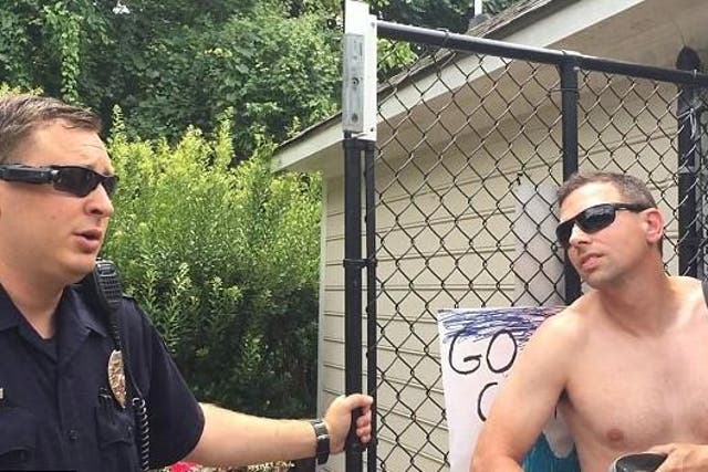 Video showing Adam Bloom (right) after he called police because a black mother, Jasmine Edwards, was using the neighbourhood pool
