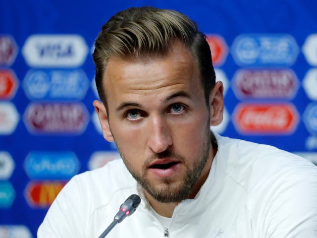 Harry Kane attends a press conference in Samara