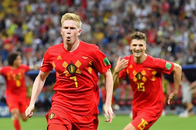 Belgium's midfielder Kevin De Bruyne celebrates after scoring his team's second goal