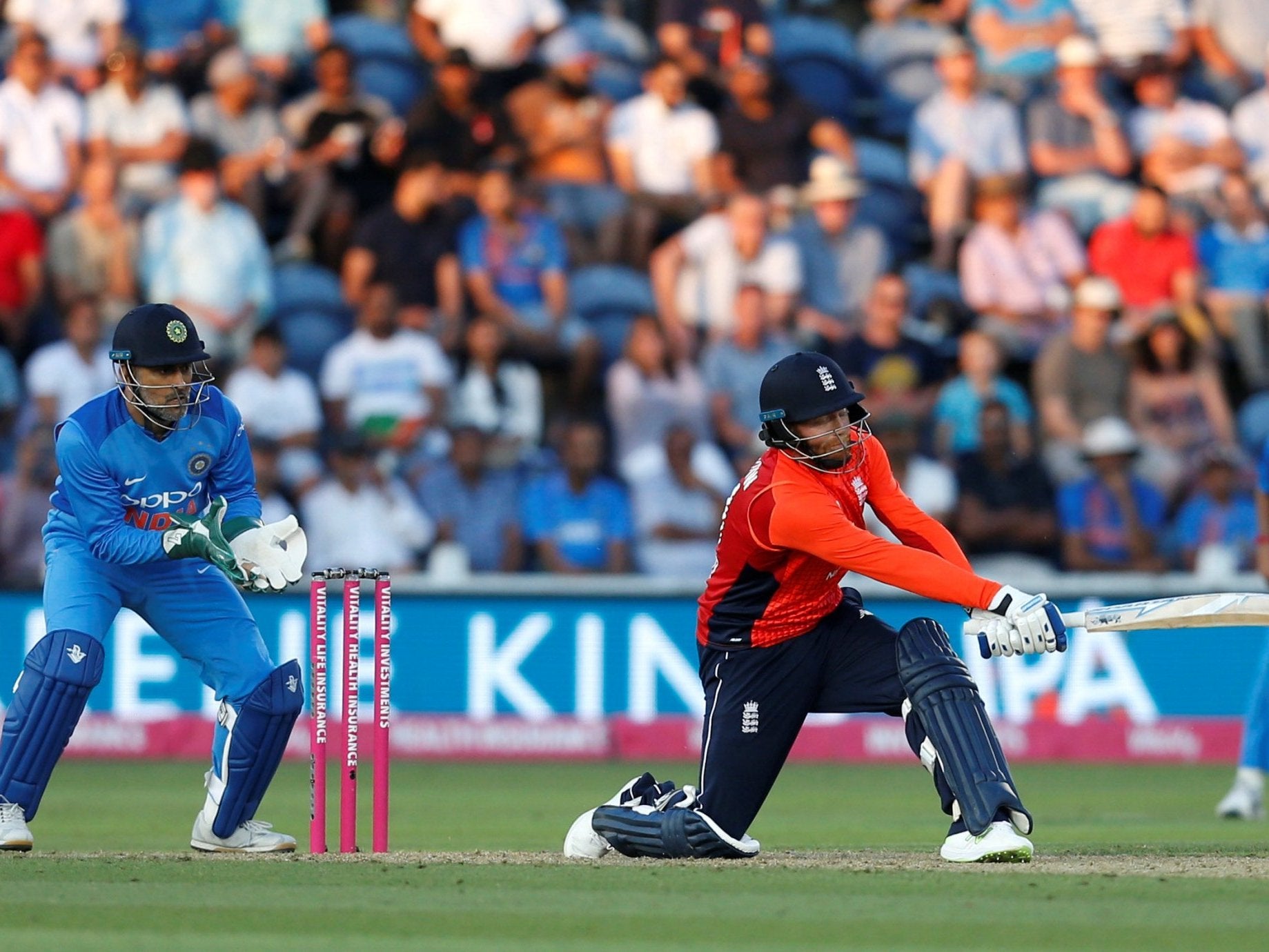 Jonny Bairstow sweeps a six for England