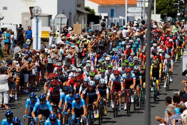 The pack of riders in action during the 1st stage of the 105th edition of the Tour de France