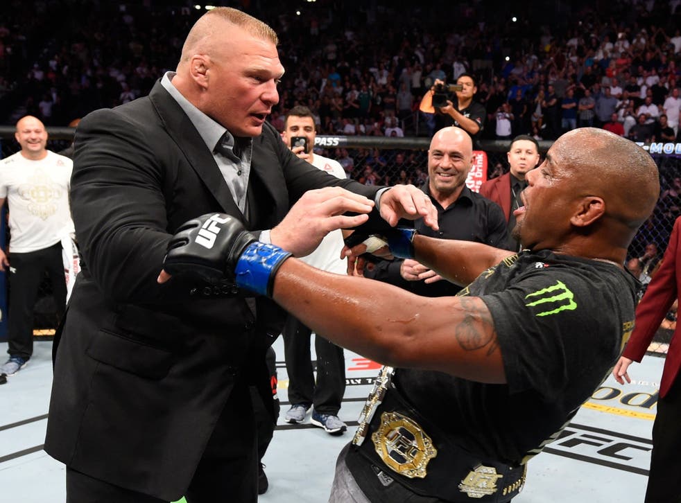 Brock Lesnar confronts Daniel Cormier after his victory over Stipe Miocic