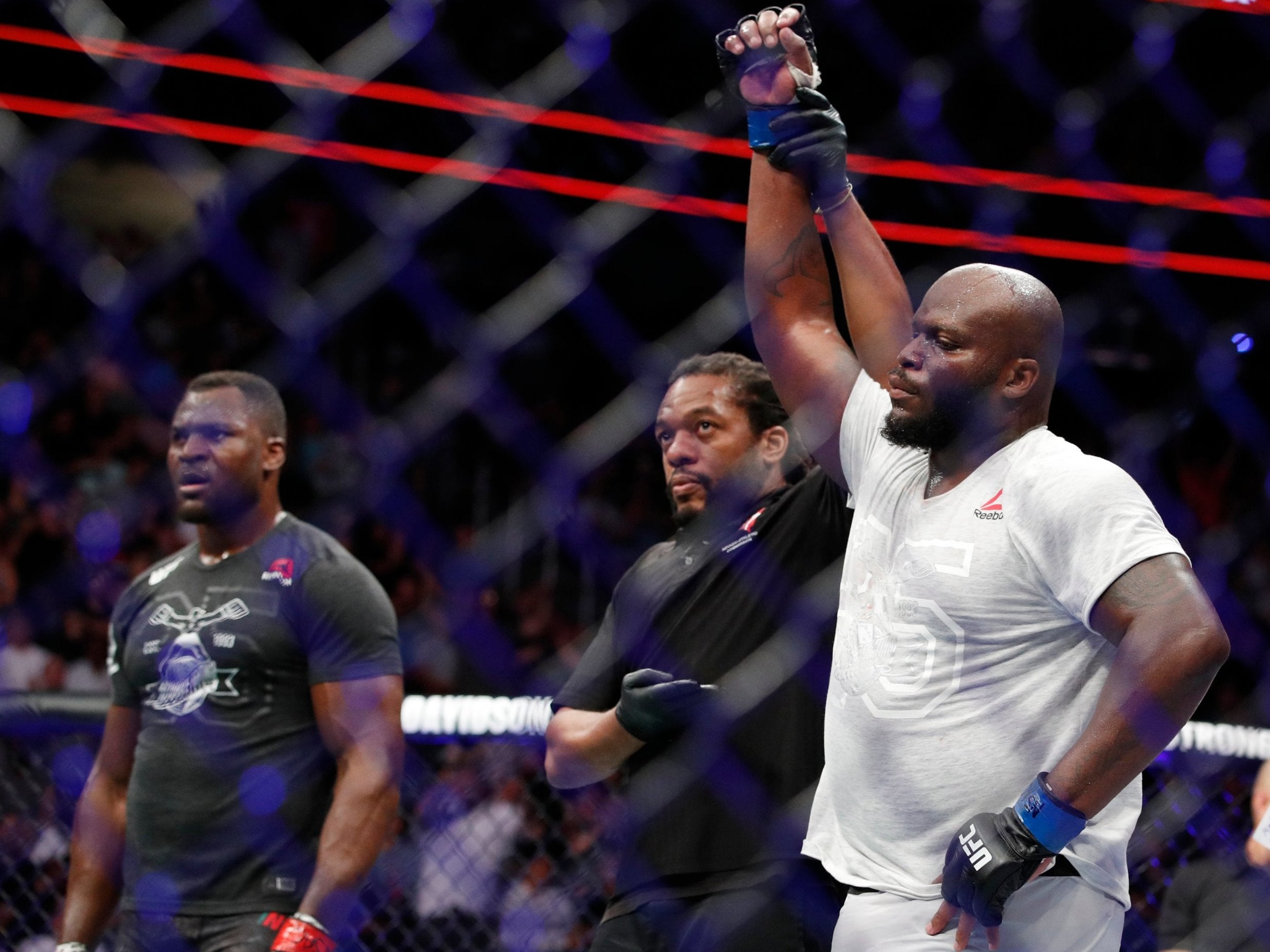 Derrick Lewis celebrates after defeating Francis Ngannou at UFC 226