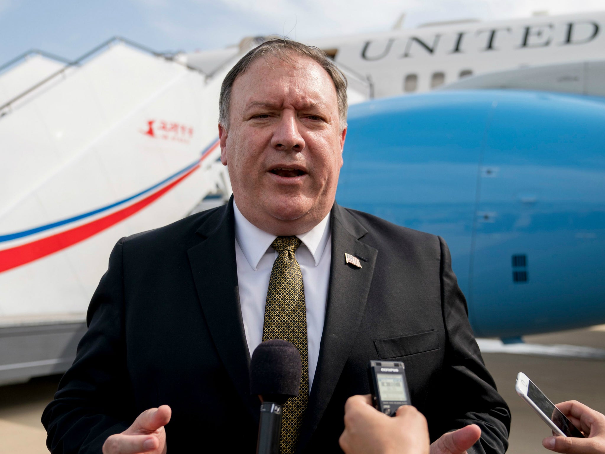 Mike Pompeo speaks to the media following two days of meetings