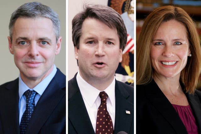 Contenders: Federal appeals court judges Raymond Kethledge (left), Brett Kavanaugh (centre) and Amy Coney Barrett
