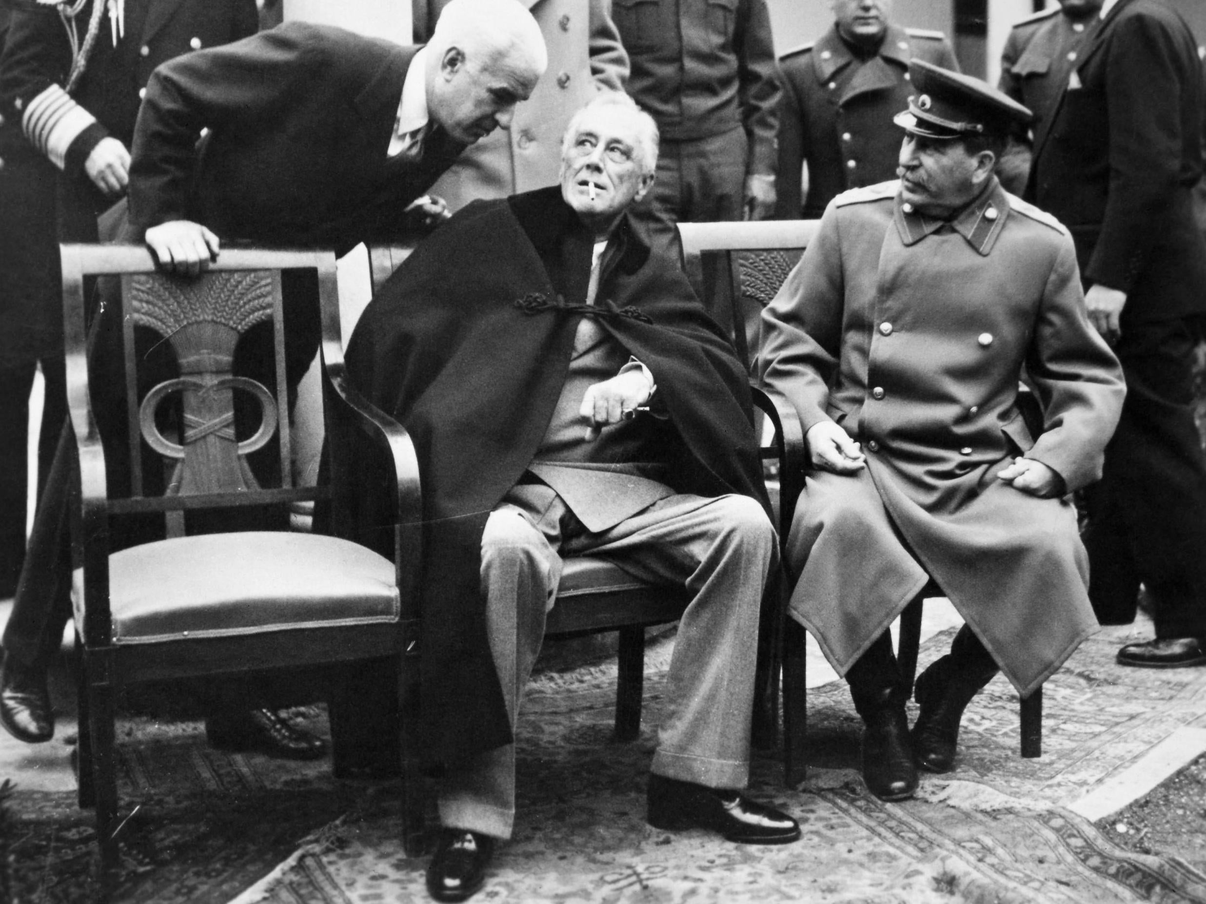 US secretary of state Edward R Stettinius, US president Franklin D Roosevelt and Soviet premier Joseph Stalin at the Yalta Conference in February 1945