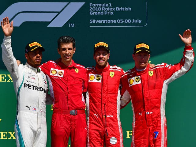 Lewis Hamilton is joined by the two Ferrari drivers on the podium