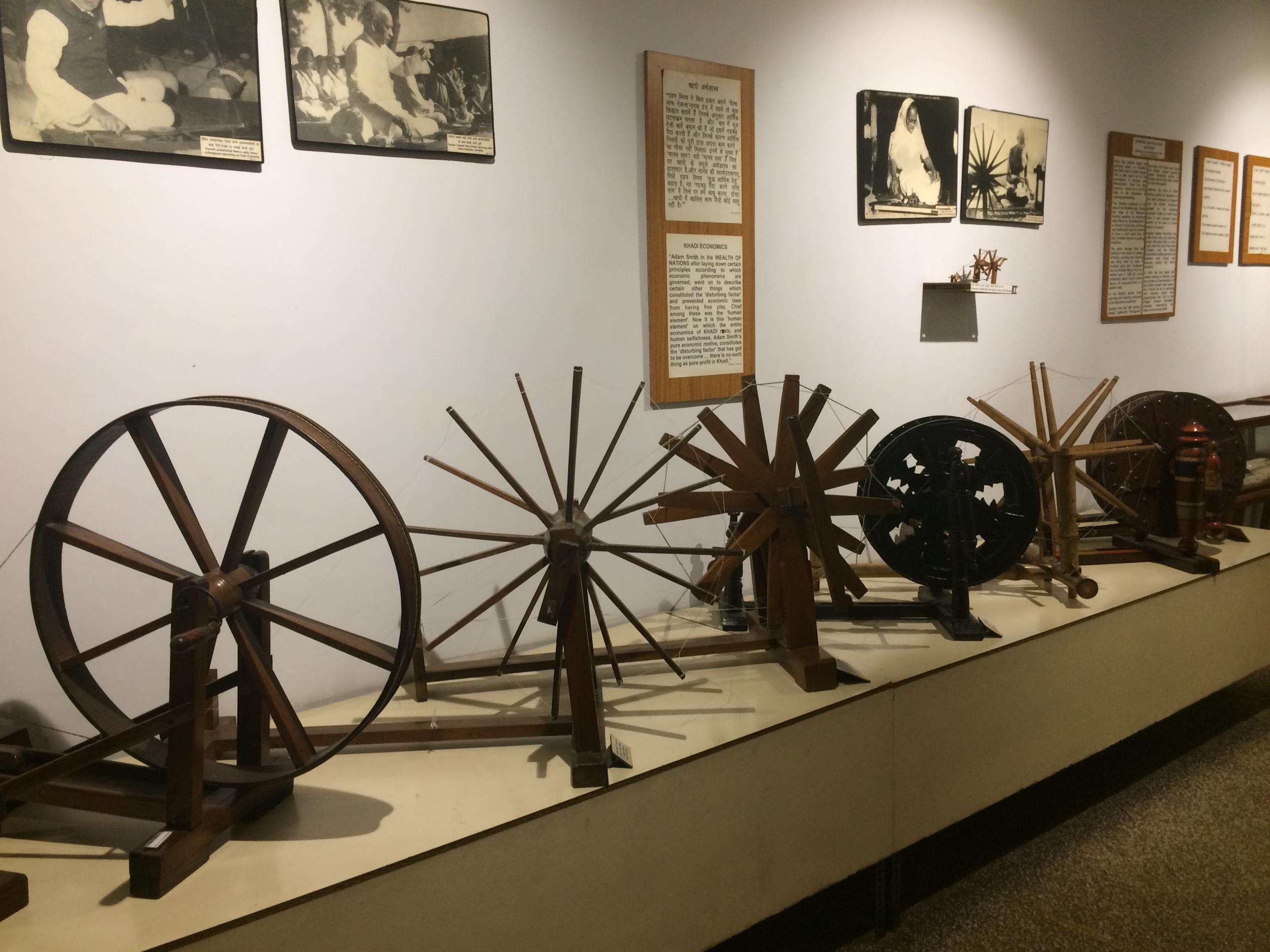 A selection of spinning wheels at the Charkha Museum