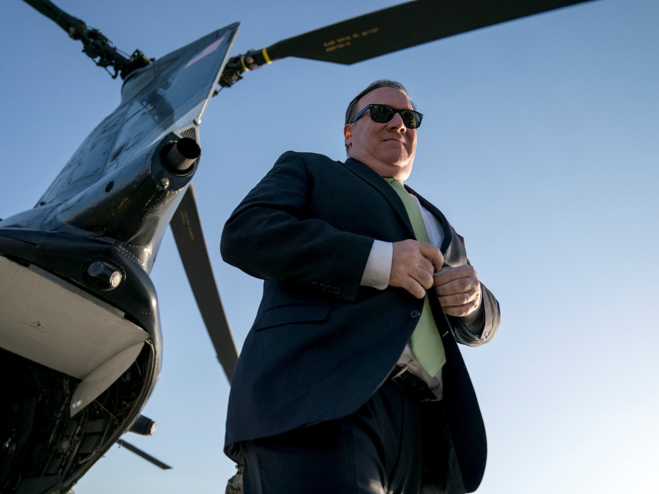 US secretary of state Mike Pompeo arrives at Camp Alvarado in Kabul on Monday