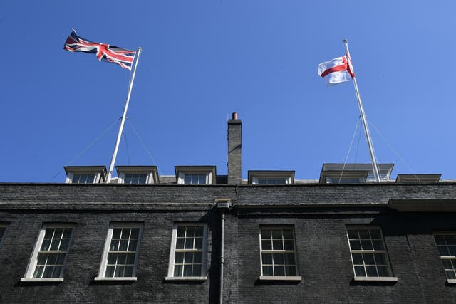 The flag of St George flies over 10 Downing Street, London