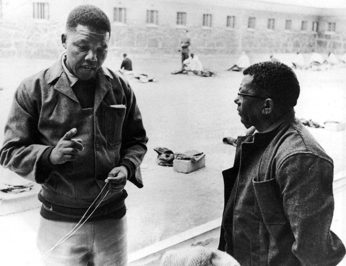 Walter Sisulu, one of Mandela’s closest mentors and collaborators, here with him on Robben Island, 1965 (Getty)