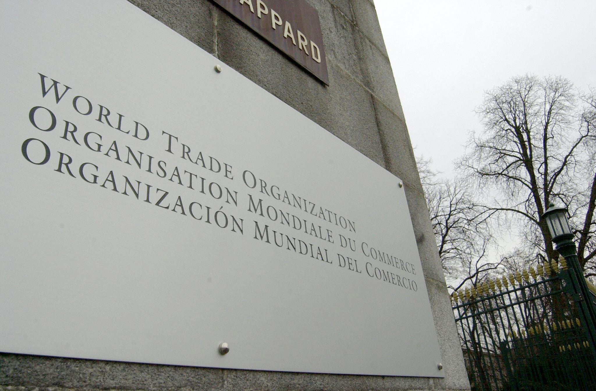 A board indicates the entrance 11 February 2004, to the World Trade Organisation in Geneva