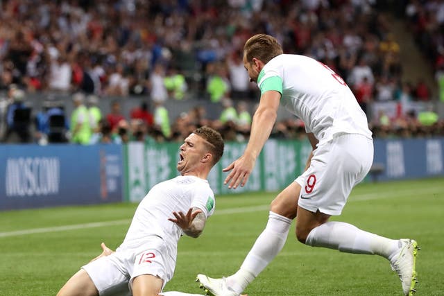 Kieran Trippier of England celebrates after scoring his team's first goal