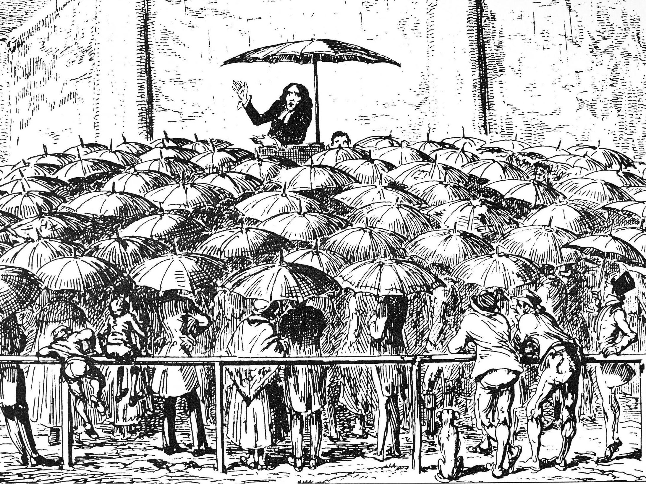 'St Swithin's Chapel' by George Cruikshank, an 18th century cartoon satirising Britain's obsession with the weather and umbrellas